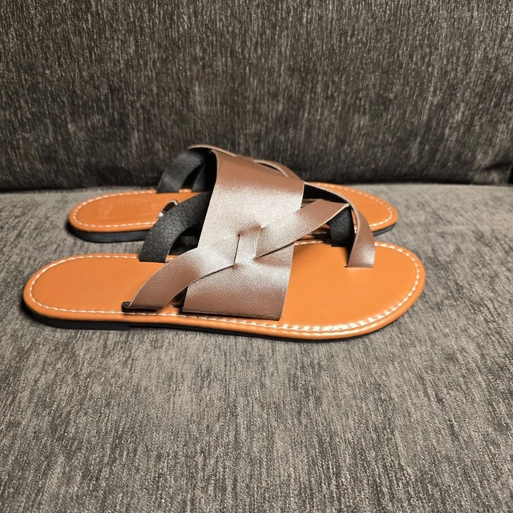 Brown Crisscross Toe‎ Loop Flat Slide Sandals Women Sz 10.5 Cognac Strappy Shoes